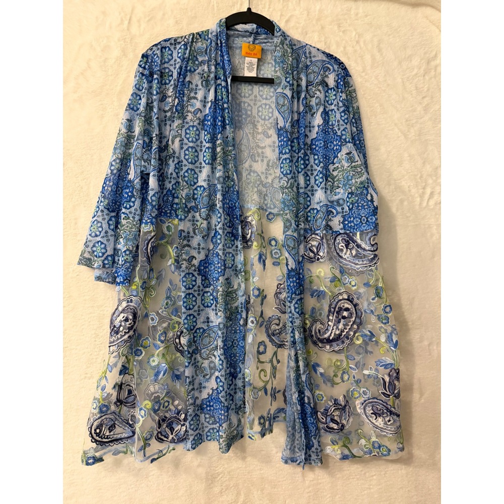 Ruby Rd Womens Large Blue Paisley Embroidered Mesh Open Front Kimono Cardigan